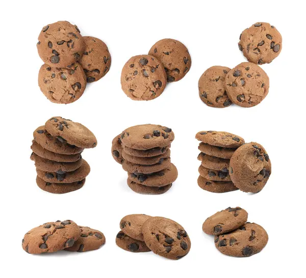 Beyaza izole edilmiş çikolatalı kurabiyeler, kolaj.