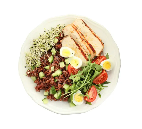 Lezzetli salata, kahverengi pirinç, beyaz, üst manzara.