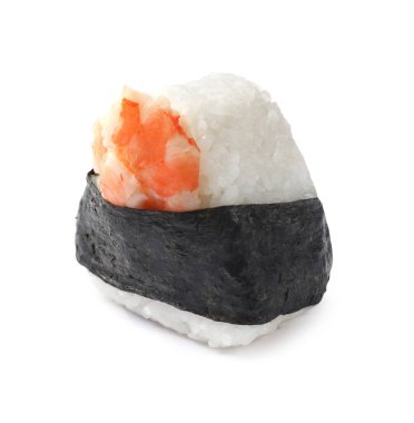 Lezzetli karides onigiri (Japon pirinç topu) beyaz üzerine izole