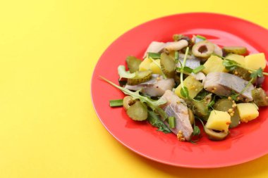 Sarı arka planda ringa balığı olan lezzetli bir salata, yakın plan. Metin için boşluk