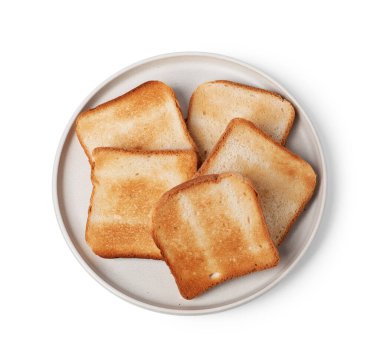 Lezzetli tost ekmeği parçaları beyaza izole edilmiş, üst manzara