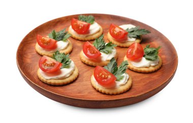 Krem peynirli, domatesli ve maydanozlu leziz krakerler.