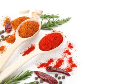 Beyaz üzerine izole edilmiş farklı aromatik baharatlar ve kaşıklar.