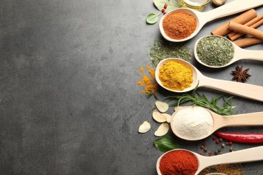 Gri masadaki kaşıklarda bir sürü farklı baharat var. Metin için boşluk