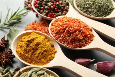 Gri masadaki kaşıklardaki farklı baharatlar, yakın plan.