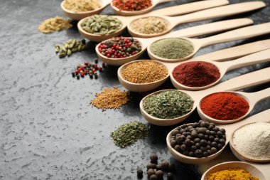 Siyah masadaki kaşıklardaki farklı baharatlar, yakın plan.