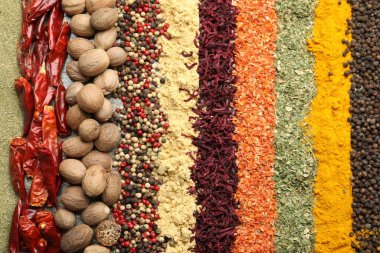 Arka plan olarak birçok farklı baharat, üst görünüm