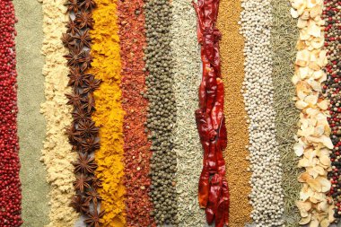 Arka plan olarak birçok farklı baharat, üst görünüm