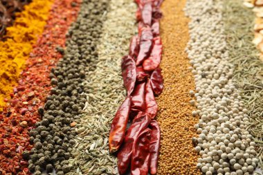 Arkaplan olarak birçok farklı baharat, yakın görünüm