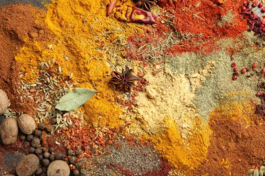 Arka plan, üstten görünüm olarak farklı Aromatik baharatlar