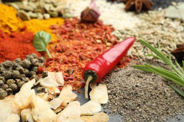 Gri masada farklı aromatik baharatlar, yakın plan.