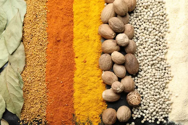 Arka plan olarak birçok farklı baharat, üst görünüm