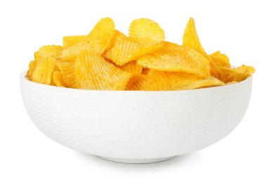 beyaz izole kase lezzetli patates cipsi