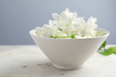 Masadaki kasede güzel yasemin çiçekleri, yakın plan. Metin için boşluk