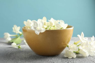 Güzel yasemin çiçekleri gri masada açık mavi arkaplanda, yakın plan