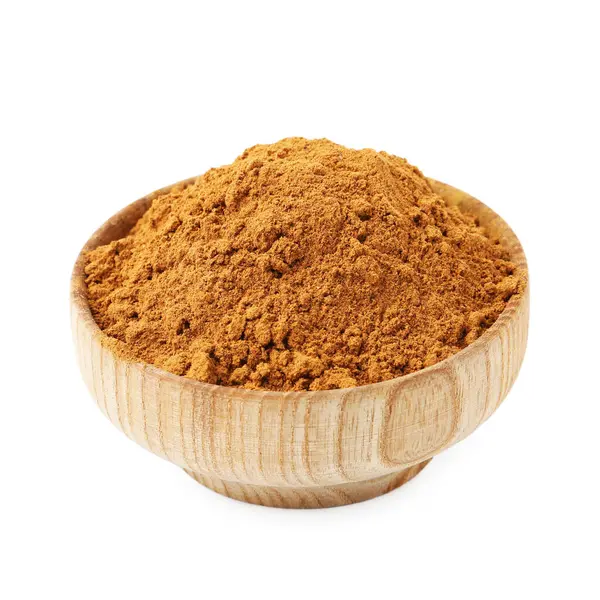 Süper yemek. Beyaz kasede izole edilmiş tarçın tozu.