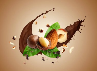 Kahverengi arka planda fındıklı çikolata sıçraması.