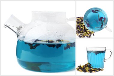 Beyaz arka planda cam kaplama bezelye çayı, kolaj.