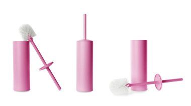 Beyaz arkaplanda renk tutacağı olan tuvalet fırçası, kolaj