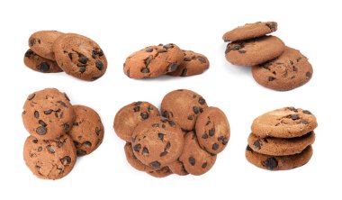 Beyaza izole edilmiş çikolatalı kurabiyeler, kolaj.