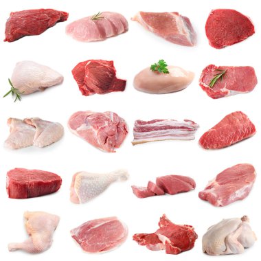 Farklı türde taze et, beyaza izole edilmiş, kolaj. Biftek, domuz, tavuk ve dana eti.