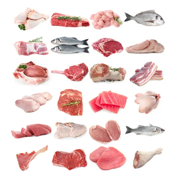 Balık ve et. Beyaz arka planda farklı ham ürünler, kolaj