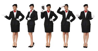 Beyaz arka planda üniformalı hostes, boy boy portreleri kolajı.
