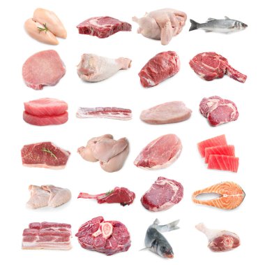 Balık ve et. Beyaz arka planda farklı ham ürünler, kolaj