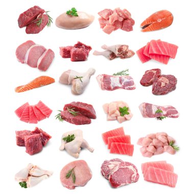 Balık ve et. Beyaz arka planda farklı ham ürünler, kolaj