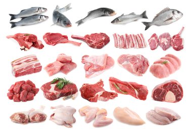 Balık ve et. Beyaz arka planda farklı ham ürünler, kolaj