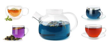 Beyaz sette izole edilmiş farklı tipte cam çay.