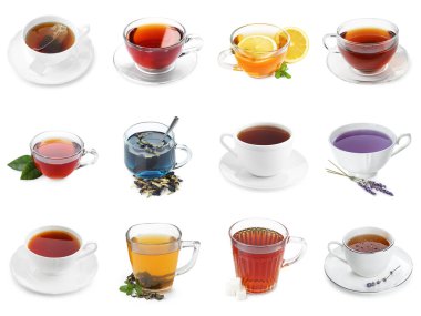 Beyaza izole edilmiş bardaklardaki farklı çay çeşitleri.