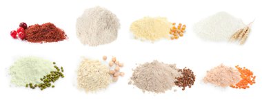 Beyaz üzerine izole edilmiş farklı un türleri