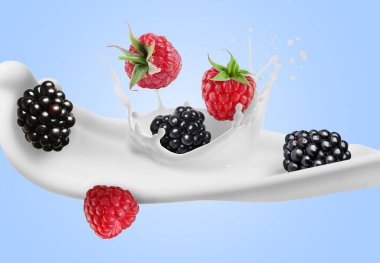 Süt sıçraması ve açık mavi arkaplanda farklı taze meyveler.