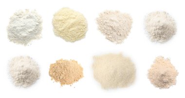 Beyaza izole edilmiş farklı un türleri. Üst görünüm