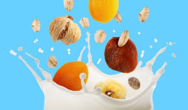 Süt sıçraması, yulaf ezmesi ve açık mavi arka planda kuru meyveler. Pankart tasarımı