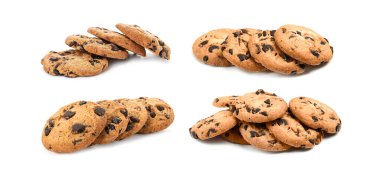 Beyaza izole edilmiş çikolatalı kurabiyeler, kolaj.