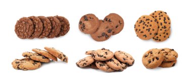 Beyaza izole edilmiş çikolatalı kurabiyeler, kolaj.