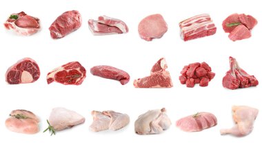 Farklı türde taze et, beyaza izole edilmiş, kolaj. Biftek, domuz, tavuk ve dana eti.