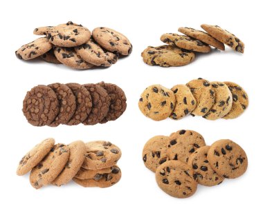 Beyaza izole edilmiş çikolatalı kurabiyeler, kolaj.