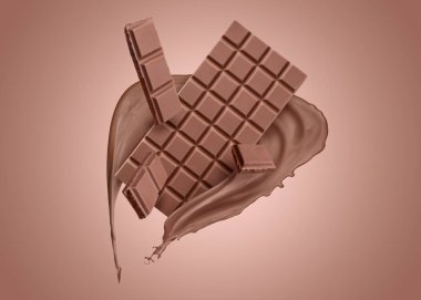 Çikolata parçaları ve soluk kahverengi gradyan arka planda havadaki kakao içecekleri.