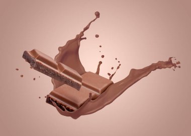 Çikolata parçaları ve soluk kahverengi gradyan arka planda havadaki kakao içecekleri.