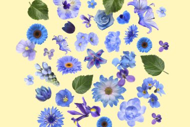 Mavi ve mor tonlarda güzel çiçekler bej arkaplana düşüyor.