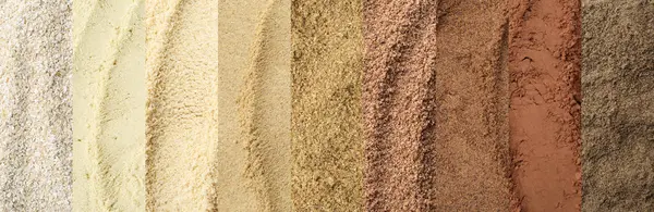 Arka plan olarak farklı süper yiyecek tozları, kolaj. Pankart tasarımı