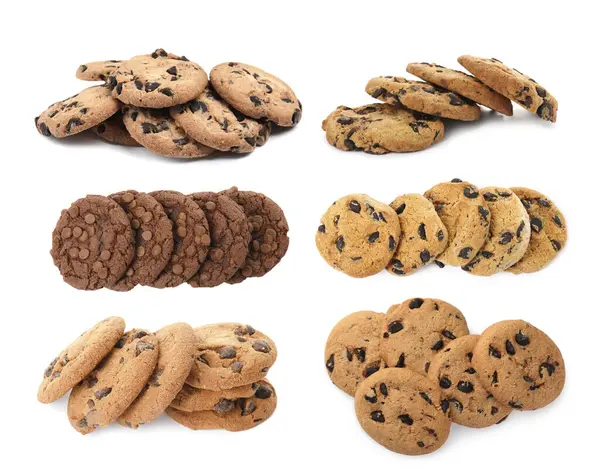 Beyaza izole edilmiş çikolatalı kurabiyeler, kolaj.