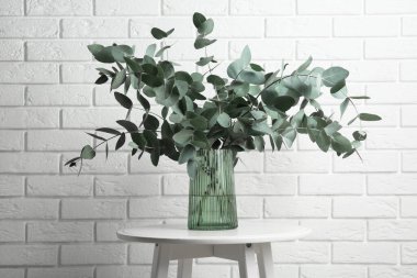 Beyaz tuğla duvarın yanındaki masada vazoda yeşil okaliptüs dalları var.
