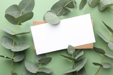 Açık yeşil zemin üzerinde boş kart ve okaliptüs dalları, düz yatıyordu