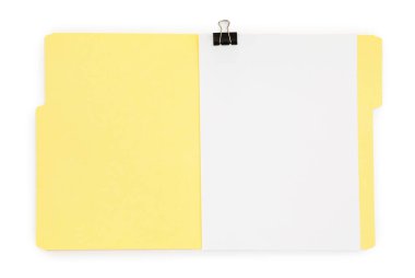 Kağıt dosya klasörünü beyaz, üst görünümde izole edilmiş boş sayfayla aç