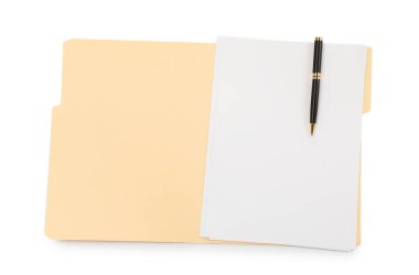 Kağıt dosya dizinini boş sayfa ve kalem ile beyaz, üst görünümde aç