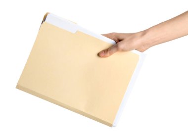 Beyaz arkaplanda kağıt dosya dizini tutan kadın, kapat